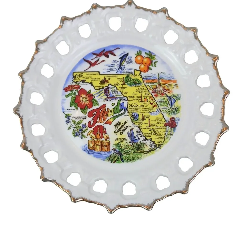 Florida Souvenir Plate 8” Cape Kennedy Busch Gardens Singing Tower Tarpon Sp Vtg